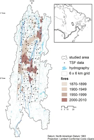 Figure 1. Stand origin map [21] within the study area, including fire delineation (1900–2010) from  aerial photos and time elapsed since last fire (TSF) sampling points. 