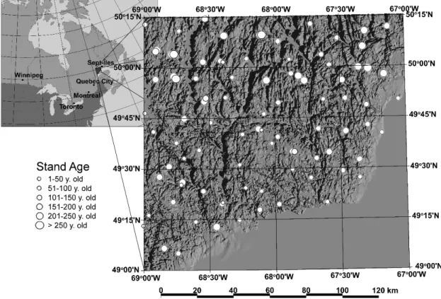 Figure 2. Case study area and empirical dendroecological survey (n = 94). Stand age can be associated  with either a known TSF (uncensored) or a minimum TSF (censored)