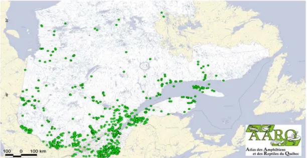 Figure 1.3 Répartition  géographique connue de la Grenouille du Nord dans la  province du Québec, Canada (AARQ [En ligne ]) 2 
