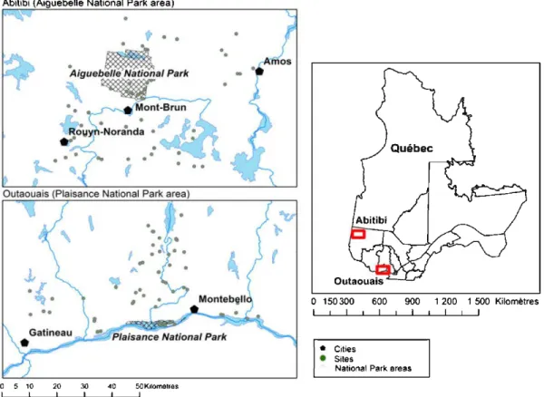 Figure 2.1  Site distribution in the two study areas  of the province of Québec, Canada