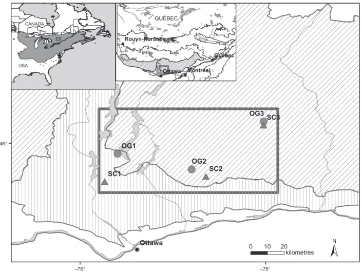 Figure 1 Map of the study area, which is situated at the northern continuous distributional limits of sugar maple (Acer saccharum) in Qu ebec, show- show-ing the locations of the 6 study sites (circles, old-growth sites; triangles, selection cuttshow-ing s