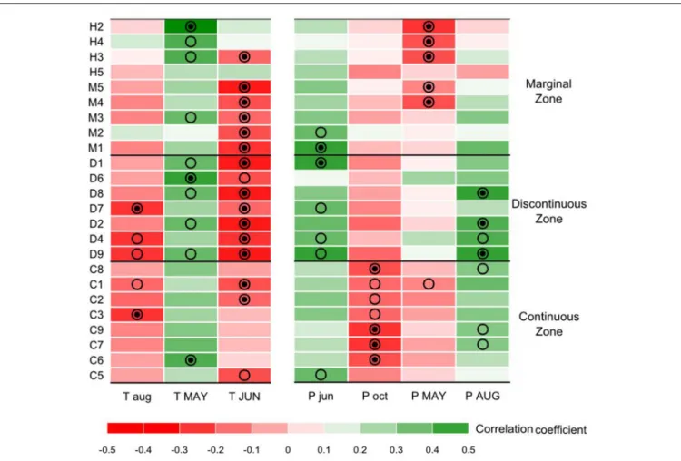 FIGURE 2 | Growth-climate correlation matrix for the seven main monthly climatic drivers of radial growth interannual variations (columns) and the 24 sites (rows)