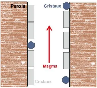 Figure 2 : Schéma de la cristallisation des minéraux sur les murs d’une chambre ou d’un conduit magmatique