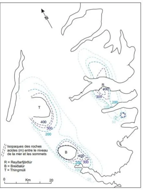 Figure 14 : Carte topographique des édifices volcaniques de la région de Thingmúli, modifiée de Walker (1966)