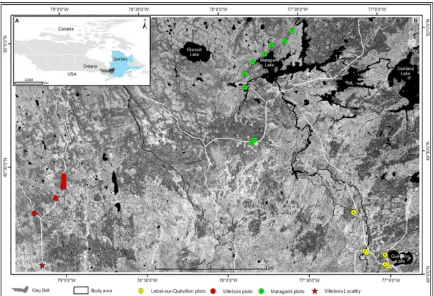 Figure  1.  (A)  study  area  in  the  Clay  Belt  region;  (B)  sampling  plots  sites  along  three  locations  Matagami  (green dots),  Lebel‐sur‐Quévillon  (yellow  dots), and Villebois (red dots) on a black and  white Landsat satellite image that cove