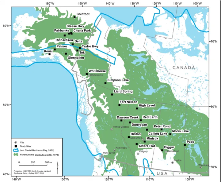 Fig. 1 Study populations across the northwestern part of Populus tremuloides distribution range