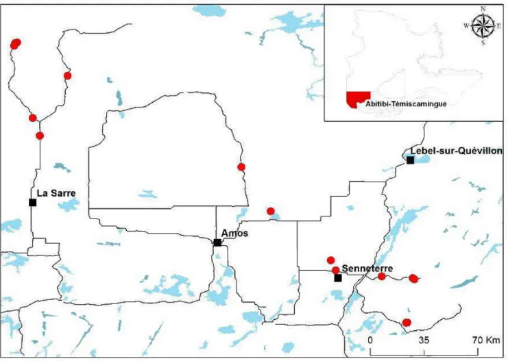 Figure 2.1  Map of the studied stands. Circles represent studied stands. 