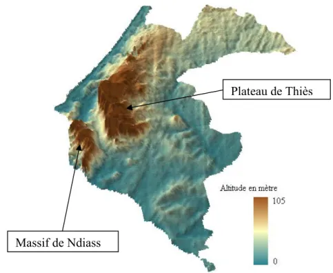 Figure IV-7: Le relief de la région de Thiès à partir des images satellitales stéréoscopiques  du capteur ASTER (exagération verticale de 3) 