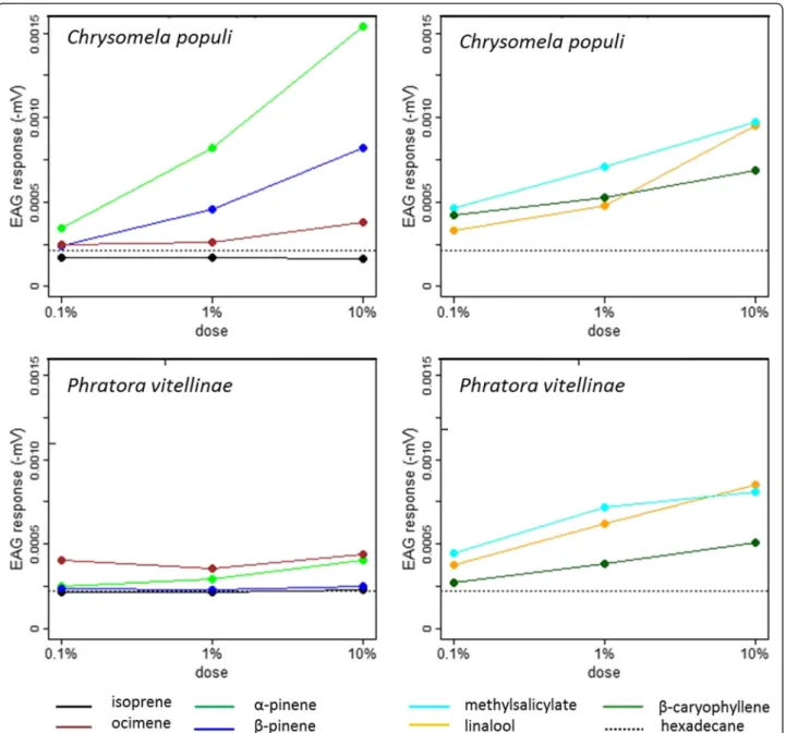 Fig. 1 Dose – response curves for EAG responses of Chrysomela populi and Phratora vitellinae to different volatile compounds