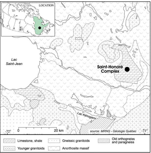 Fig. 1 : Location and local geology of the Saint-Honoré carbonatite complex 