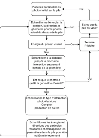 Figure 2.5 – Diagramme montrant le processus du transport des photons par la méthode Monte Carlo