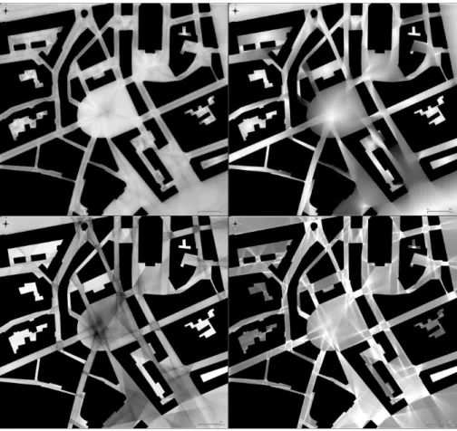 Figure 5. De haut en bas et de gauche à droite, pour le secteur de la place Royale,  représentation de l'entropie, du drift, de l'occlusivité et de l'anticipation