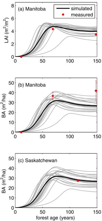 Figure 4. Comparison of simulated and observed black spruce basal area (BA) and leaf area index (LAI) growth in central Canada