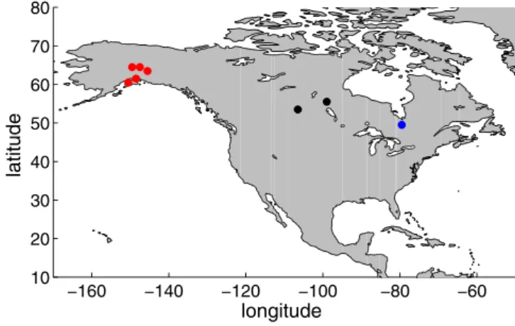 Figure 1. Map of model validation locations across the North American boreal for- for-est
