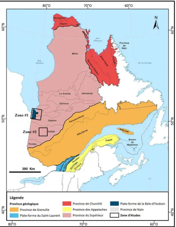 Figure 2  Localisation des deux zones d'études dans un fond de  carte des provinces  géologiques du Québec