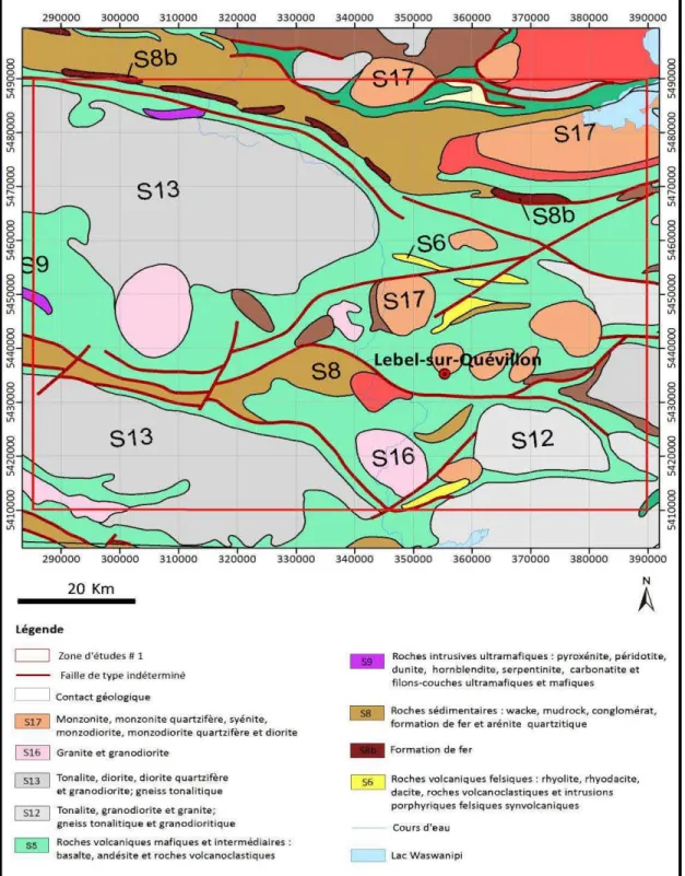 Figure 4  Carte géologique de  la zone d'études 2.  Modifié de  Thériault et al.  (2012)