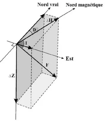 Figure 5: Éléments du champ magnétique: l'inclinaison!, la déclinaisonD et la  force du champ magnétique total F