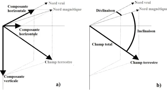 Figure 6: Vecteur champ magnétique total définit suivant (a) une composante  orthogonale verticale et deux composantes orthogonales horizontales (nord et est);ou 