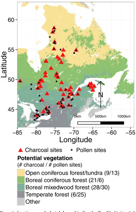 Figure 1.  Location map of selected charcoal (red) and pollen (black) sites. Sedimentary sites are  represented using different shapes according to their localization within the four vegetation zones defined  for this study adapted from Ramankutty &amp; Fo