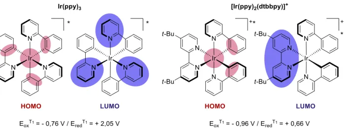 Figure 26. Localisation des orbitales HOMO et LUMO dans un complexe d’iridium  homoleptique ou hétéroleptique 