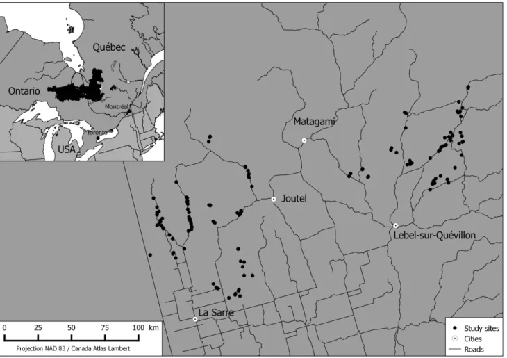 Figure 1. Location of the study area within the province of Quebec. Left panel: the clay belt  of Quebec and Ontario