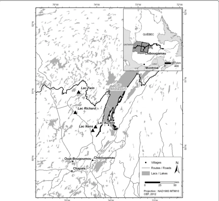 Fig. 1 Location of the 4 sampled lakes (triangles) at the northern limit of commercial forestry (thick black line)