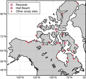Figure 1. Study sites in the Canadian Arctic. Resolute and Hall Beach are highlighted as they are selected as examples in other ﬁ gures.