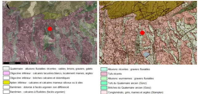 Figure 33 : Cartes géologique et hydrogéologique du site d'intervention (point rouge), Infoterre BRGM 