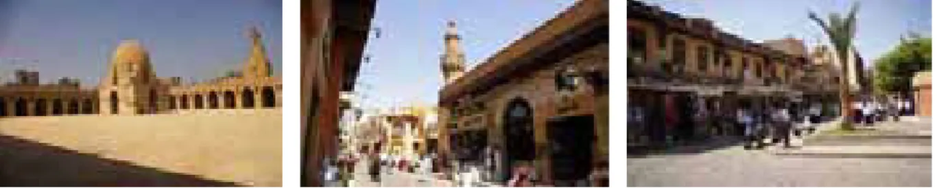 Fig. 2-3 : Mosquée Ibn Tulun (à gauche) URL: http://ancienegypte.fr/cadre_ibn_tulun.htm, et la ville fatimide (à  droite) URL: http://ancienegypte.fr/cadre_fatimide.htm