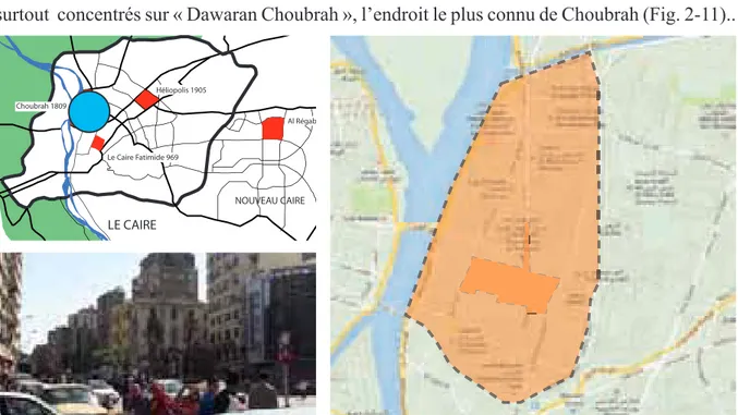 Fig. 2-11 : La localisation du quartier de Choubrah par rapport à la ville du Caire (en haut à droite) et les limites  du quartier, et la zone choisie par l’étude (à gauche)