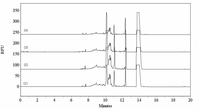 Figure 4.2 : Électrophorégrammes des produits de la digestion enzymatique pendant  3 jours à la température de la pièce, de quatre différents échantillons de CMC,  marqués avec l’APTS