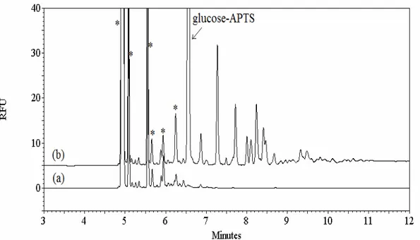 Figure  4.7: Électrophorégrammes de a) CMC de départ sans dépolymérisation et   b) des produits de digestion enzymatique du CMC digéré pendant 3 jours à 37°C,  avec un ratio S/E de 25/1 dans l’acétate de sodium 50 mM à pH 5.0, marqués avec  l’APTS