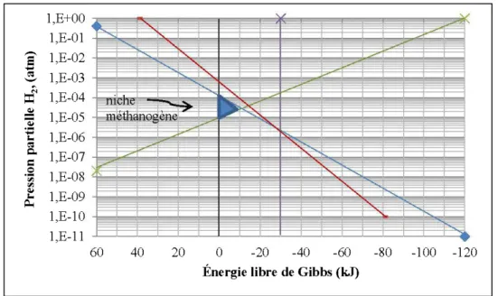 Figure  1.5  N iche  favorable  sur le  plan thermodynamique  pour  la  m éthanogénèse  réalisée  à partir des  équations  du t ableau  1.5  et  l 'énergie  de  Gibbs t'lG  de  ces  réactions  à  un pH de  7  et  une t empérature  de  25°C  (Harper  et  Po