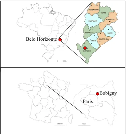 Figure 1 : Localisation de Barreiro (Belo Horizonte, Brésil) et Bobigny (France) 