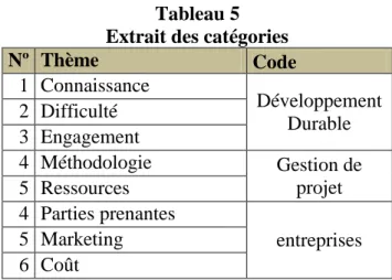 Tableau 5  Extrait des catégories 