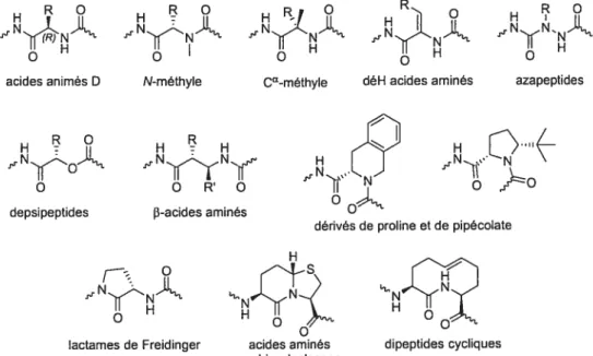 FIGURE I Modifications de la chaîne peptidique utilisées pour stabiliser et étudier la conformation active du peptide.