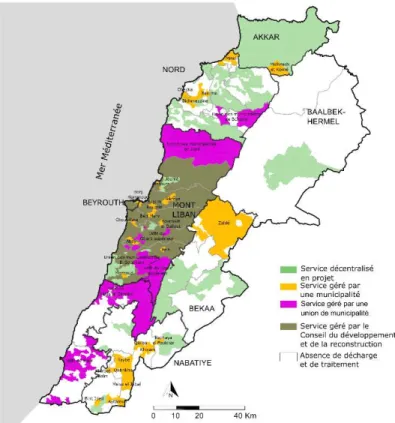 Figure 1 : Gestion des déchets municipaux au Liban, zones desservies et projets en 2018