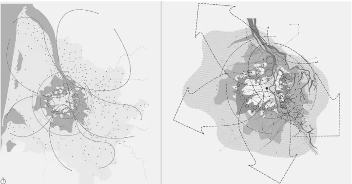 Figure 4 : A gauche : la métropole biorégionale bordelaise cœur de la biorégion girondine ; à droite : les relations  transcalaires en projet pour une métropole biorégionale (source : Giunta L., 2016)