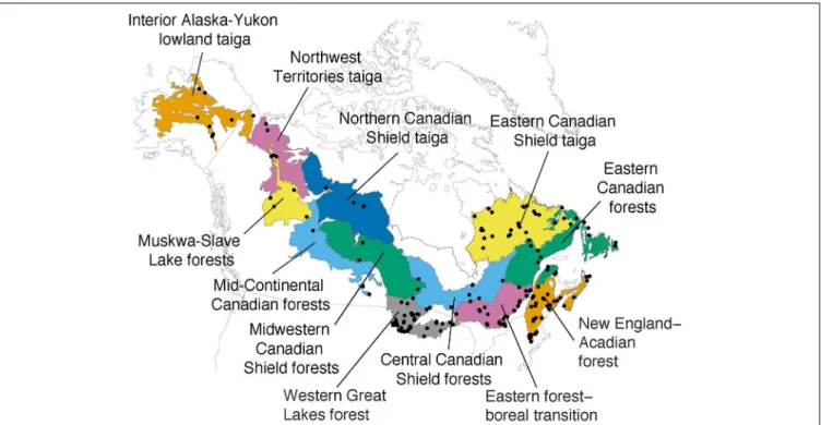 FIGURE 1 | Location map of the selected fossil pollen sites (black dots) and the ecoregion units (colored areas) from the boreal forest taiga biome (adapted from Girardin et al., 2009).