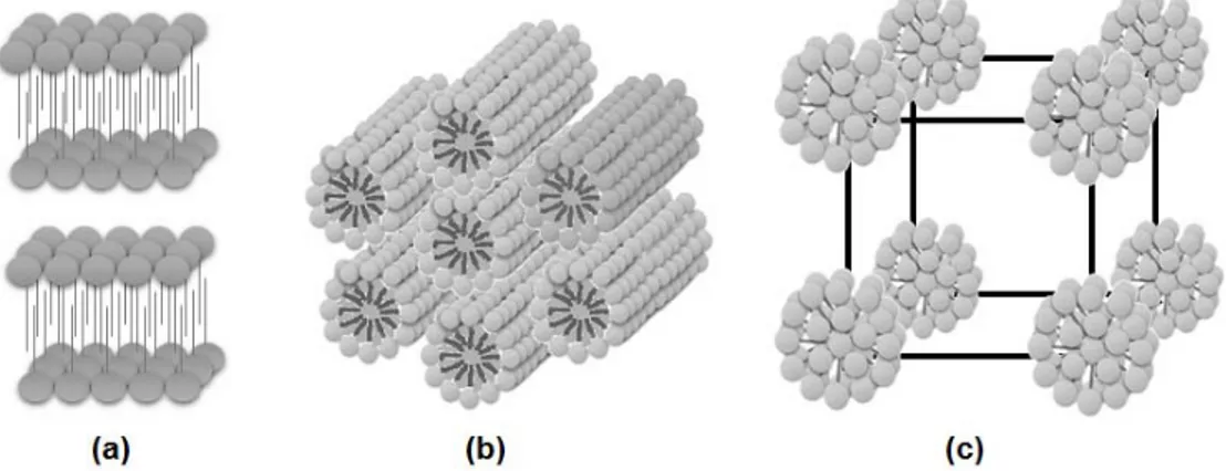 Figure 1.23. Représentation schématique des phases lyotropes : a) lamellaire, b) colonnaire  hexagonale, c) cubique micellaire 120 