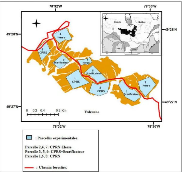 Figure  2.1.  Localisation de la zone d'étude et répartition des traitements sur les parcelles  expérimentales