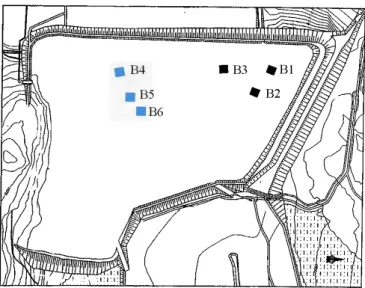 Figure 2.3 Locations of experimental blocks within the Les Terrains Aurifères site. Blocks B 1, B2 and  B3 were in the dry zone; B4, BS and B6 were in the wet zone