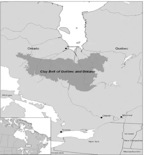Figure 2.1:  Map showing Clay Belt region of northwestem  Quebec and northeastem Ontario