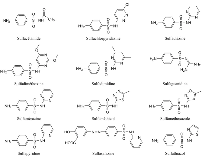 Figure 1-1. Structures des sulfonamides les plus mentionnées dans la littérature environnementale