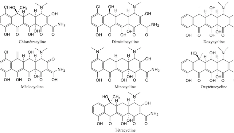 Figure 1-3. Structures des tétracyclines les plus mentionnées dans la littérature environnementale