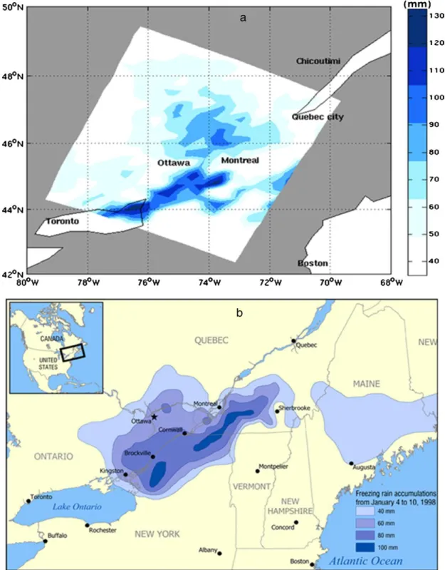 Figure 1.11. Icing accumulation from January 4 to 10, 1998 over the southwestern region of  Quebec (Canada) (a) ice accumulation calculated using NARR reanalysis 