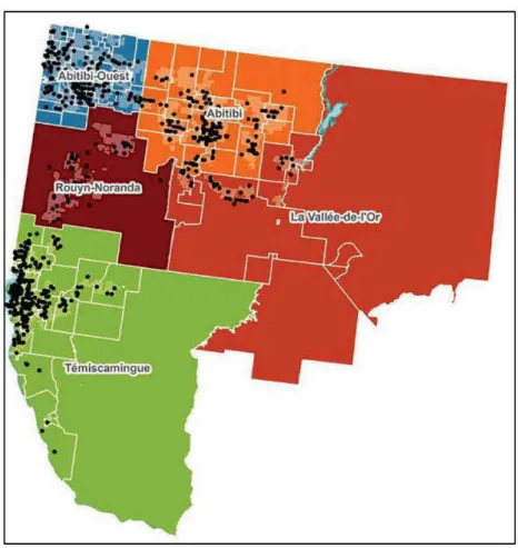 Figure 6: Répartition spatiale des entreprises agricoles en  Abitibi-T émiscamingue. 