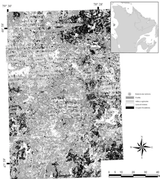 Figure 2.1. Localisation des 155 paires de nichoirs dans l'aire d'étude, Canada, QC. 