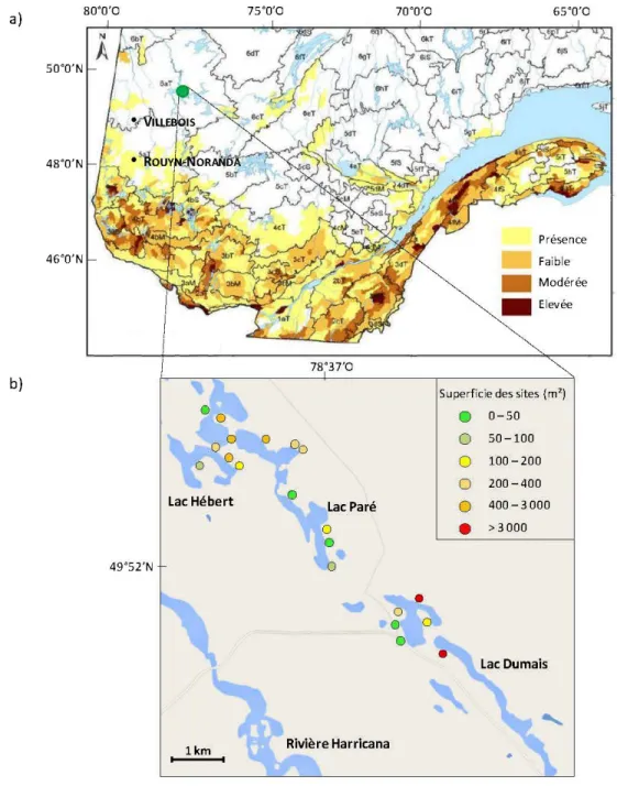 Figure  2:  a)  Carte  de  répartition  du  cèdre  au  Québec.  Le  point  vert  indique  la  zone  d'étude
