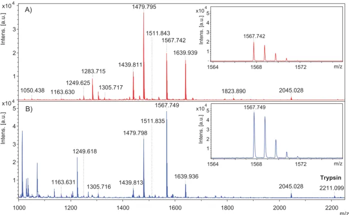 Figure 2.3 MALDI mass spectra for BSA after trypsin digestion in solution (A) and after its  adsorption on a monolayer of 16-MHA (B) with insets displaying the peptide at m/z 1568